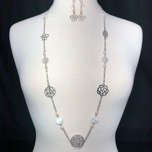 Long Silver Necklace Earrings Set